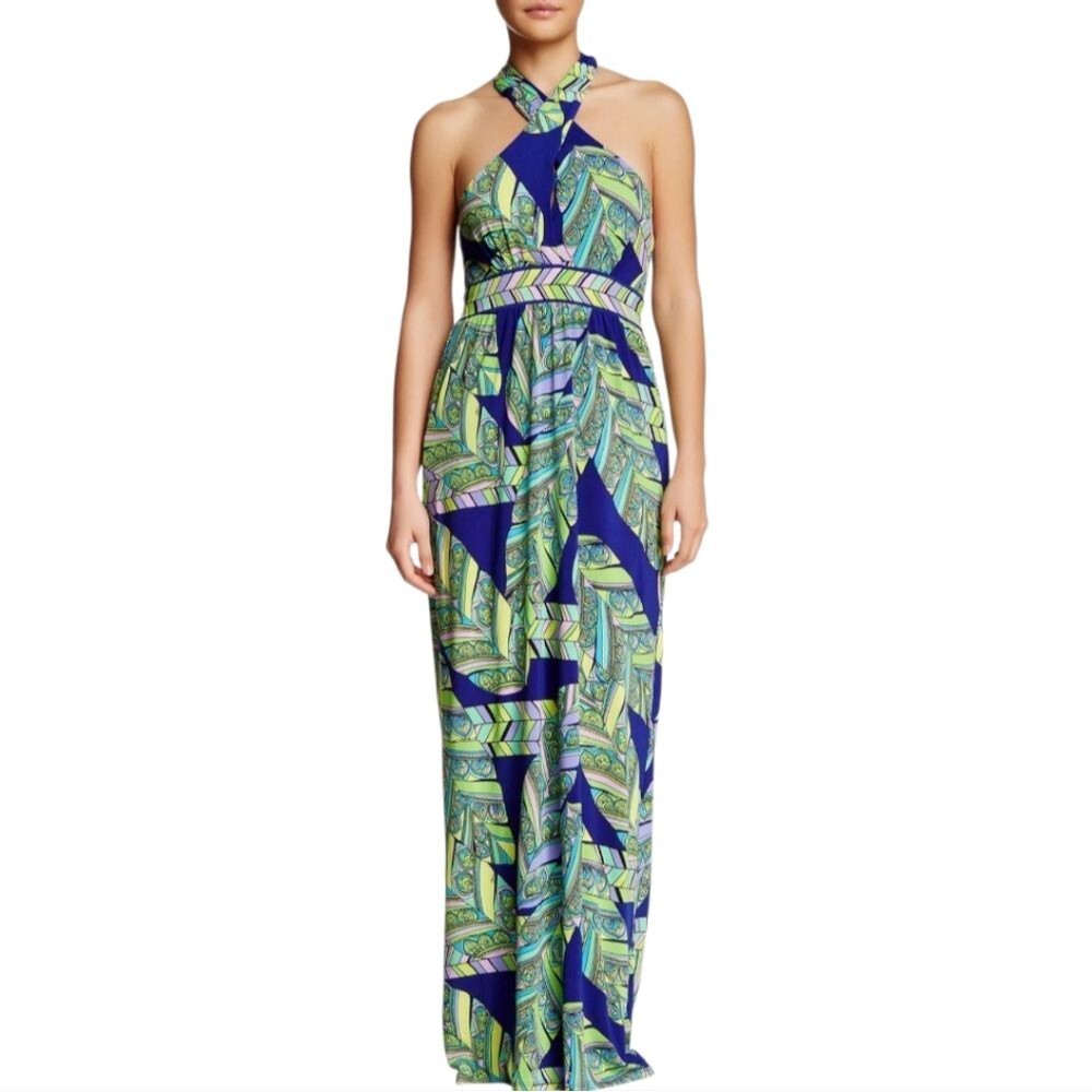 Trina Turk Tropical Palm Leaf Print Halter Neck Maxi Dress